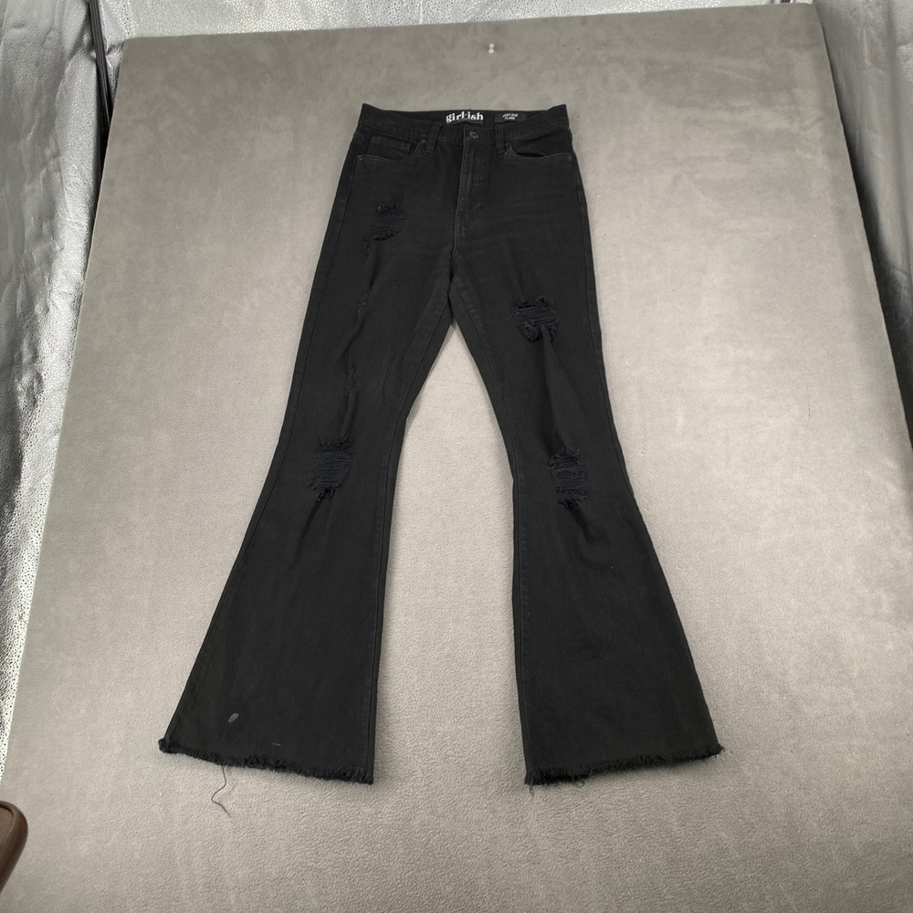 Girl-ish High Rise Flare Jeans Distressed Black Raw Hem Size 5/27